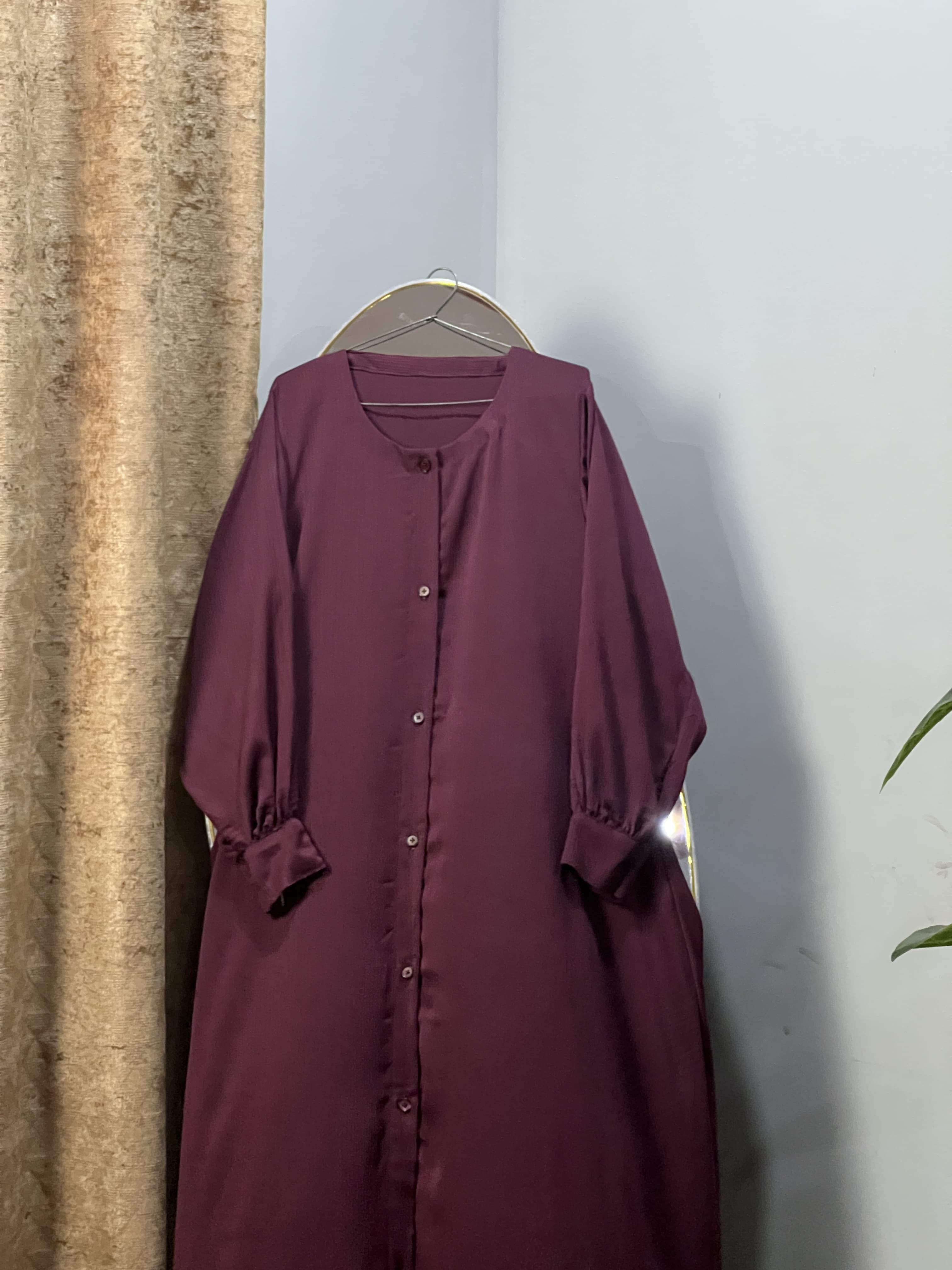 Maroon Open Button Abaya Premium Zoom Nida Fabric view 3
