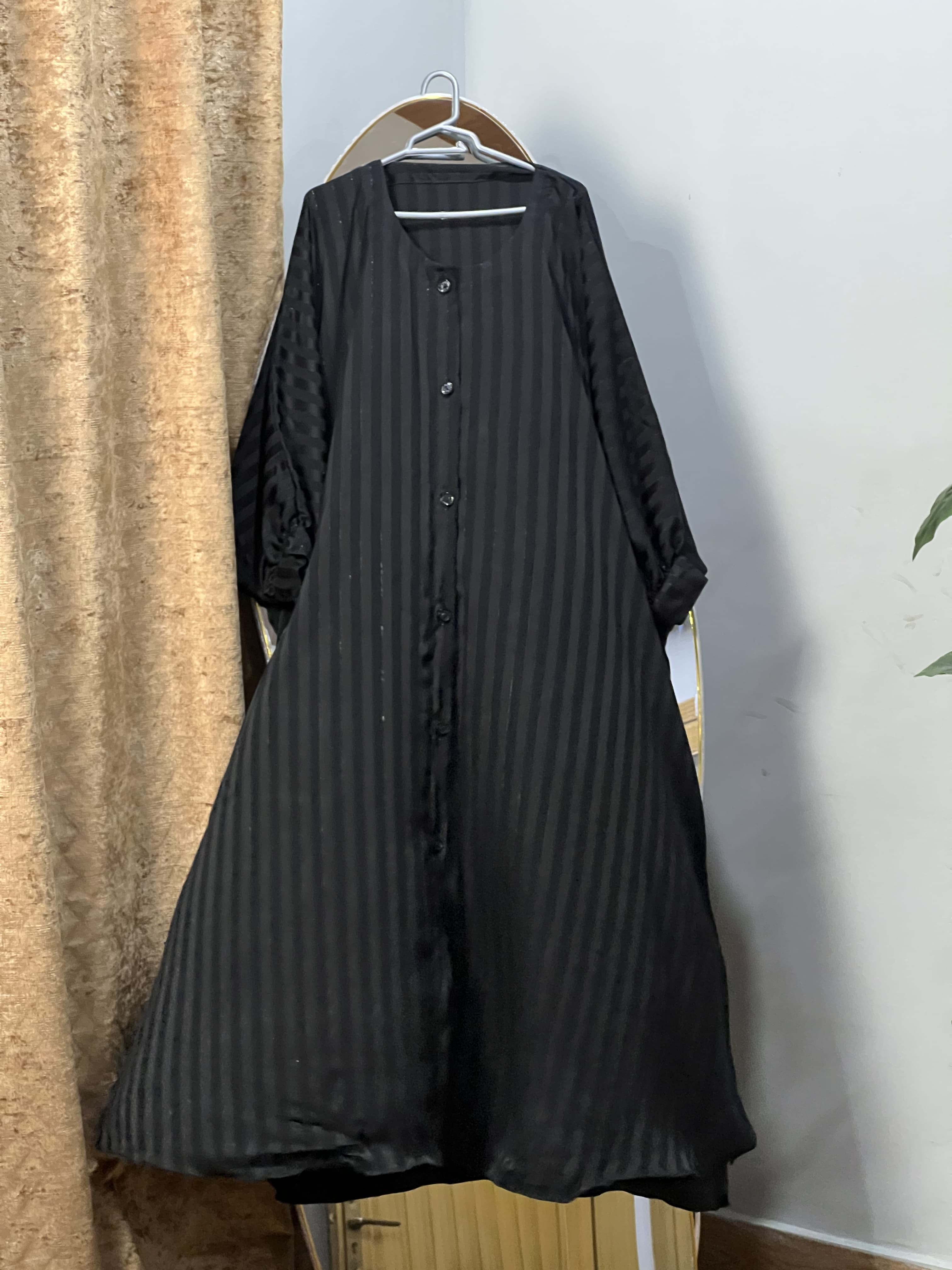 Black Open Button Abaya Premium Acrylic Stripe Nida Fabric view 2