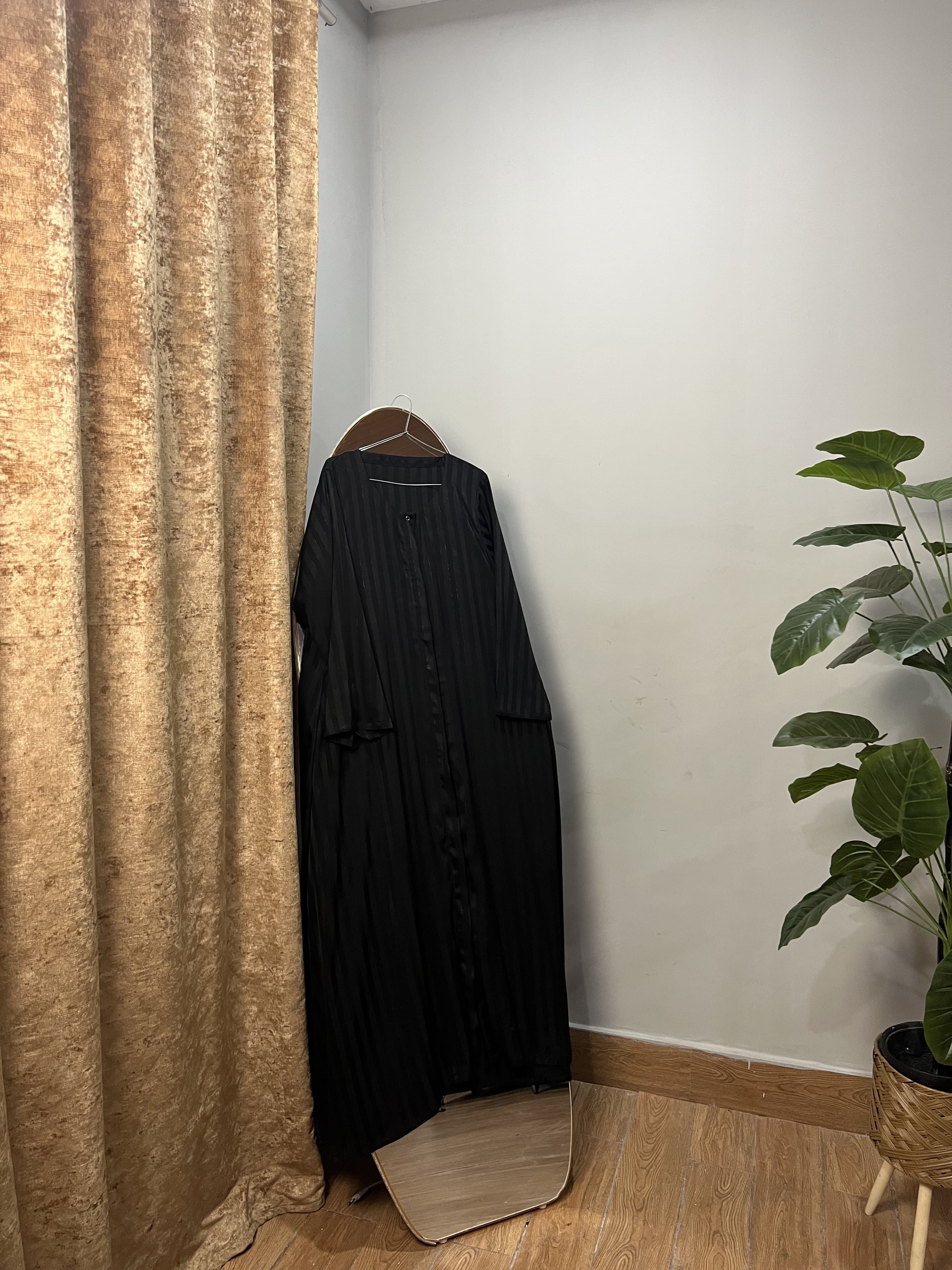Black Open Button Abaya Premium Acrylic Stripe Nida Fabric view 5