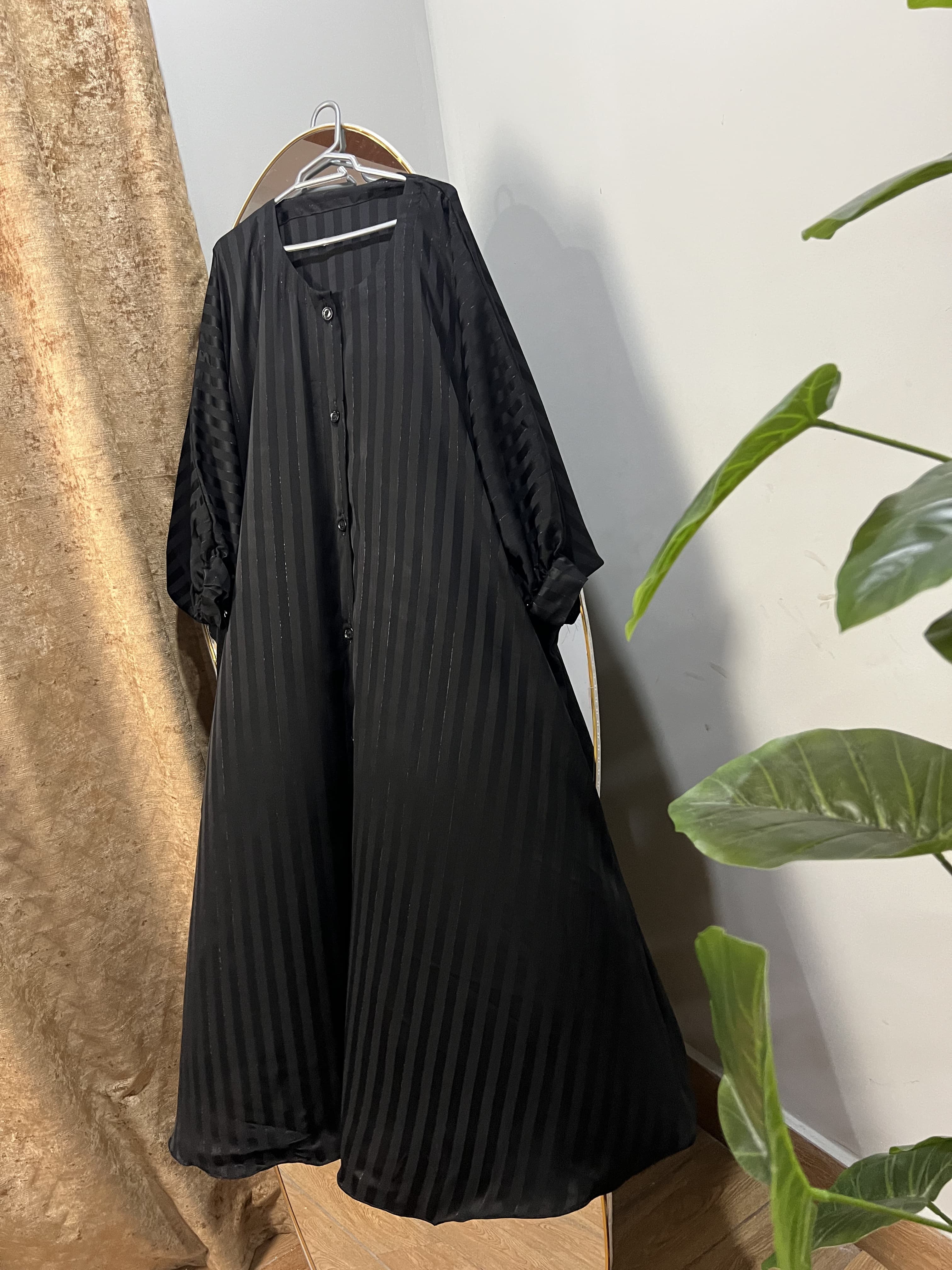 Black Open Button Abaya Premium Acrylic Stripe Nida Fabric view 4