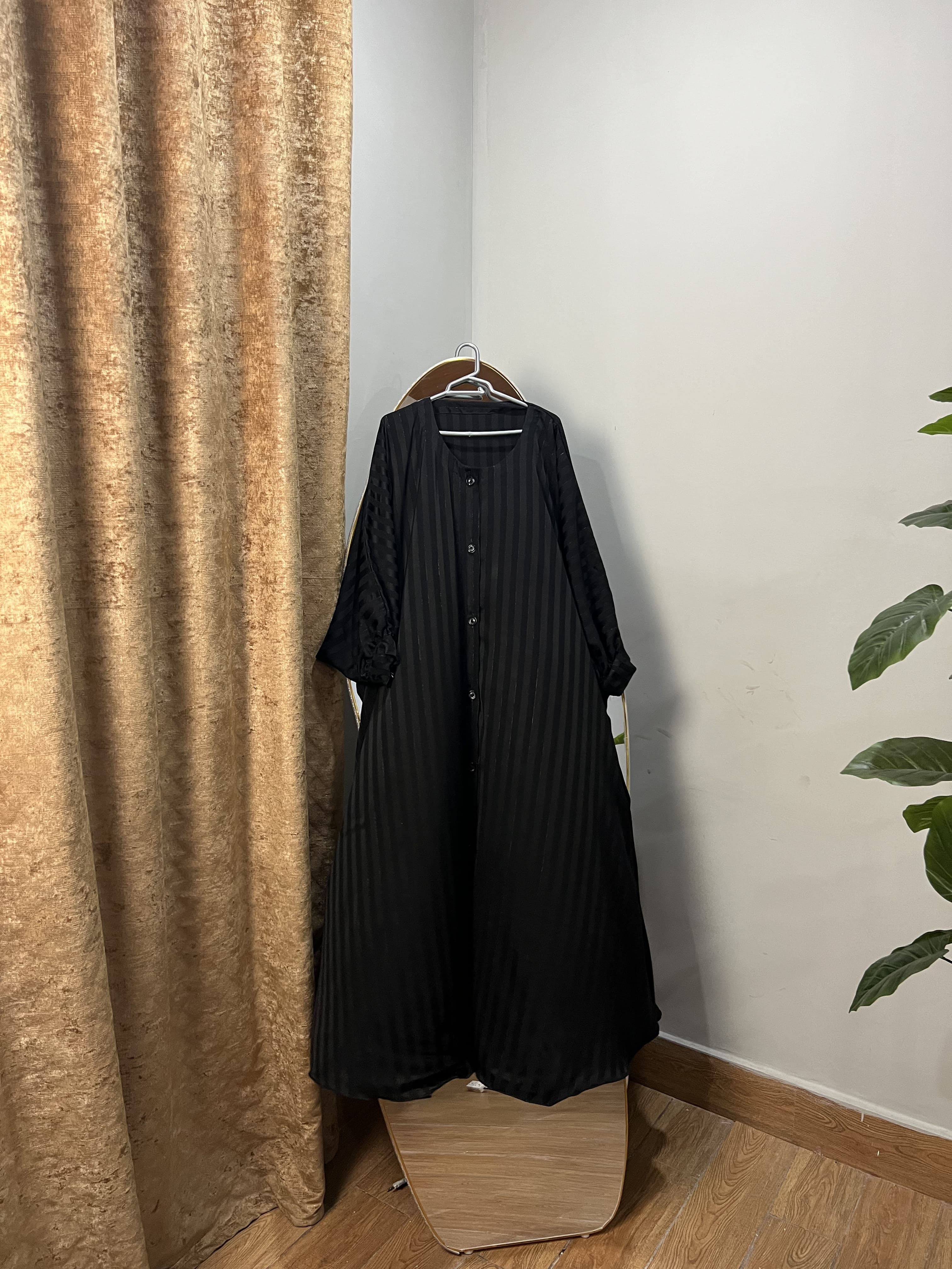 Black Open Button Abaya Premium Acrylic Stripe Nida Fabric view 3