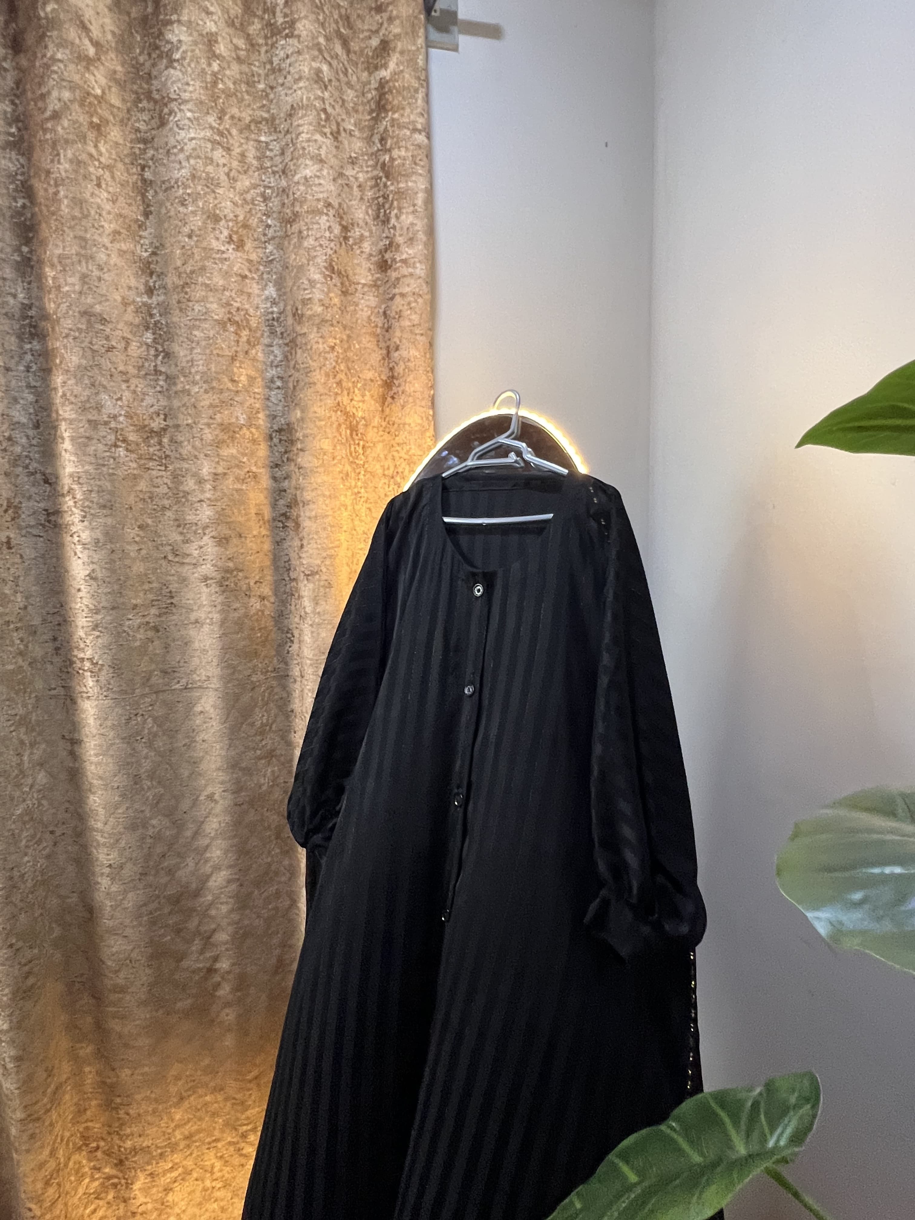Black Open Button Abaya Premium Acrylic Stripe Nida Fabric view 6
