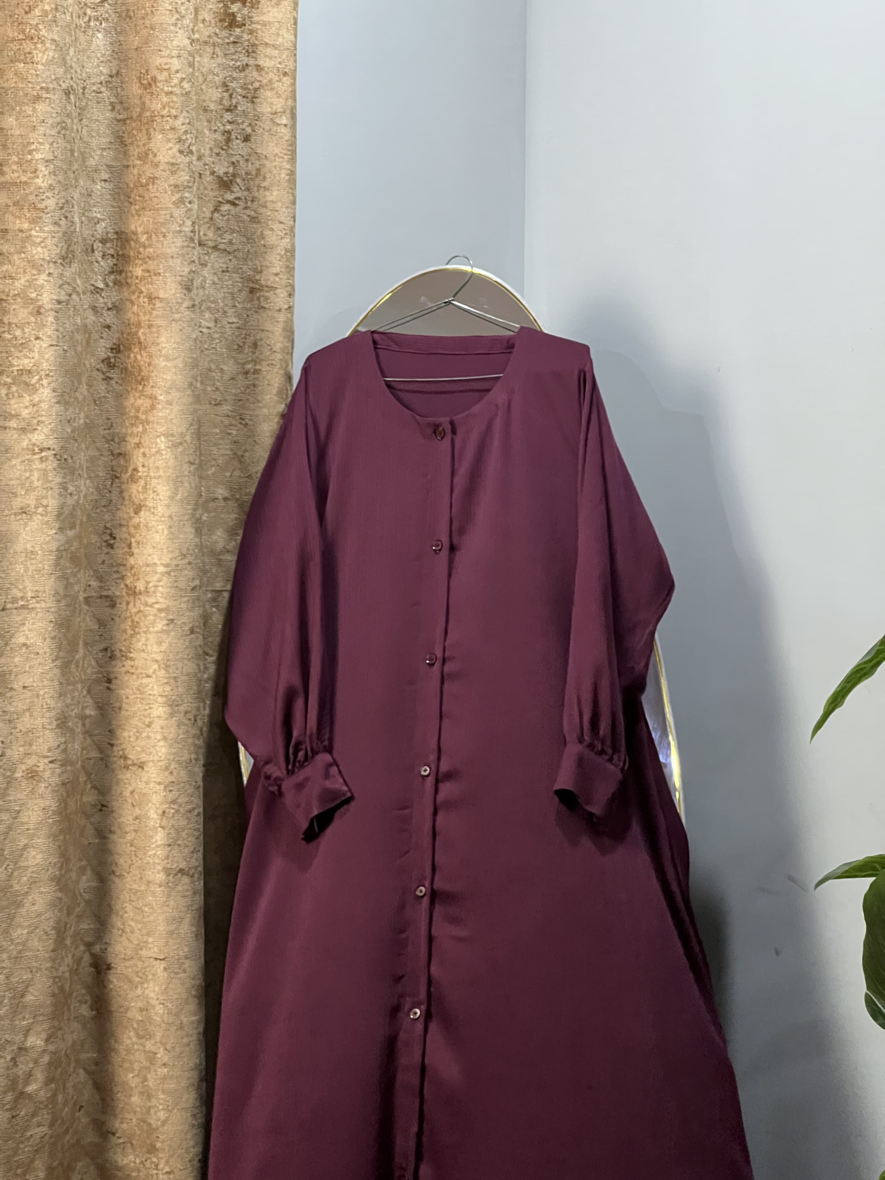 Maroon Open Button Abaya Premium Zoom Nida Fabric view 2