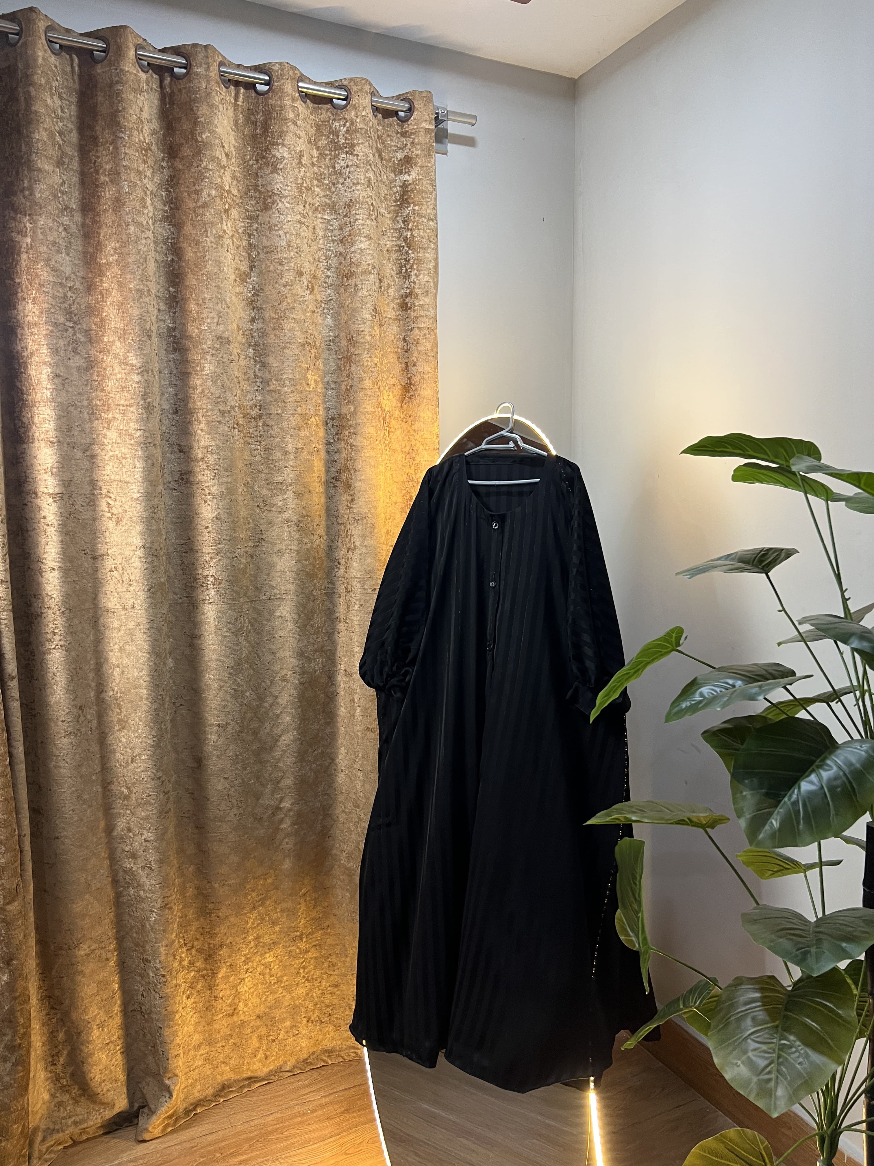 Black Open Button Abaya Premium Acrylic Stripe Nida Fabric view 7